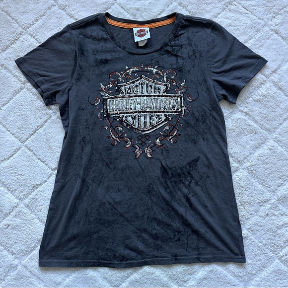 Harley Davidson | Gray & Orange Bling V-Neck Short Sleeve Tee | Size Medium - Picture 1 of 8